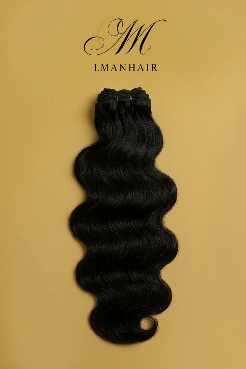 Black hair extensions with a bow on a beige background, featuring the brand 'I.MANHAIR'.